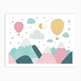 Hand Drawn Childish Art With Mountains, Balloons And Clouds 5 Art Print