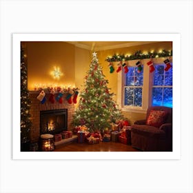 Cozy Christmas Eve Setting Crackling Fireplace Aglow In Living Room Corner Sparkling Tree Adorned (1) Art Print