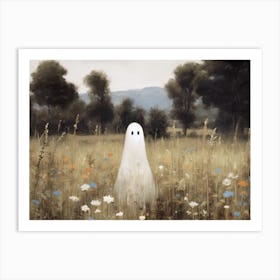 Cute Bedsheet Ghost In Flower Landscape Vintage Style, Halloween Spooky 7 Art Print