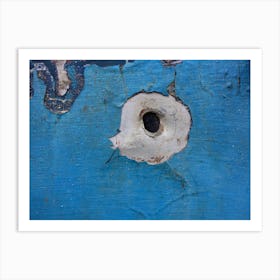 Pistol hole in the sheet metal of a car Art Print