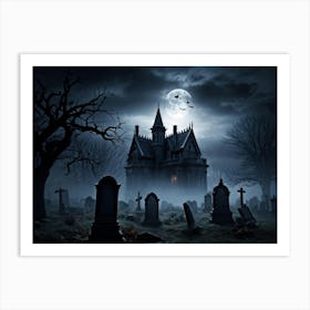 Frightened Souls Hovering Over A Mist Enshrouded Graveyard Full Moon Piercing Through Ominous Cloud (4) Art Print