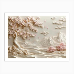 Beautiful Sakura Tree And Mountain 3d 1 Art Print