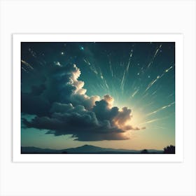 Brilliant Streaks Of Light Shoot Out From Behind A Dramatic Cloud Formation, Illuminating The Twilight Sky And Mountains Below Art Print