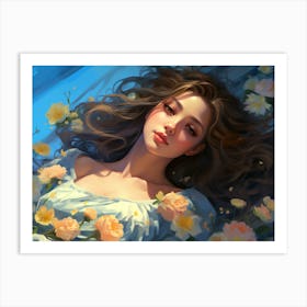 Upscaled Painting Of A Beautiful Girl With Flowers In Art Print