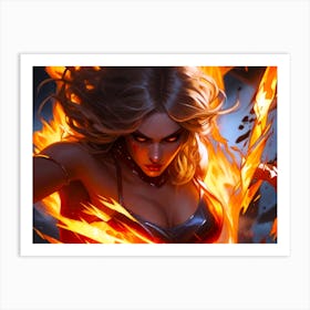 A Fierce Blonde Woman With Fire Powers Creative Art Illustration Art Print