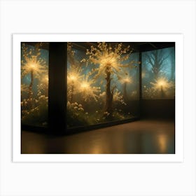 A Captivating Image Of Glowing, White, Crystal Like Flowers Growing In A Glass Enclosure, With A Misty Forest Backdrop Art Print