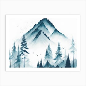 Mountain And Forest In Minimalist Watercolor Horizontal Composition 22 Art Print