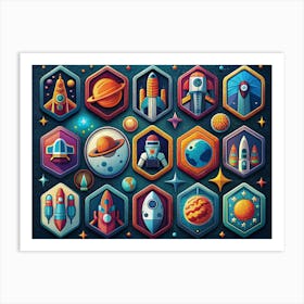 Space Themed Icons In Hexagons Art Print