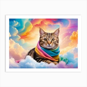 Cat lying in a rainbow of clouds wearing a colorful scarf Art Print