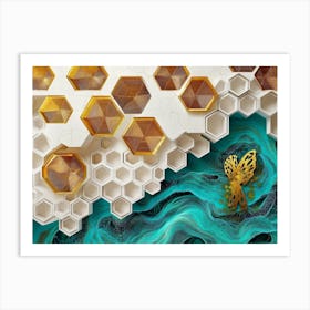 Golden Hexagons Float Amidst White Lattice On Oak, Complemented By Abstract Turquoise Patterns 1 Art Print