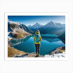 Woman trekking at snowy winter Alps, Rocky Mountains 9 Art Print