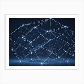 A Geometric Shape Resembling A Cube With Glowing Blue Lines And Dots, Suspended Over A Reflective Surface Art Print