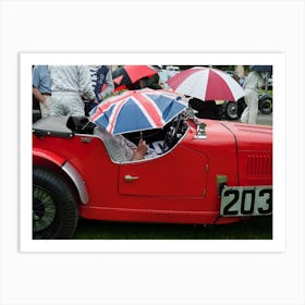 Keeping Dry Under Union Jack Umbrella In Vintage Car Art Print