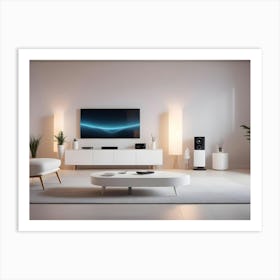 A Modern Living Room Interior With A Comfortable White Armchair, A Coffee Table, Plants, And A Large Tv Art Print