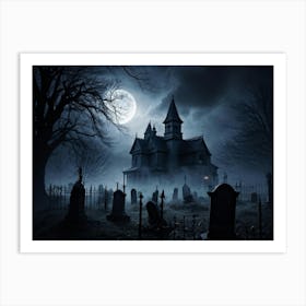 Frightened Souls Hovering Over A Mist Enshrouded Graveyard Full Moon Piercing Through Ominous Cloud (2) Art Print