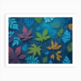 Colorful Assortment Of Tropical Leaves Arranged On A Blue Background, Creating A Vibrant And Natural Pattern Art Print