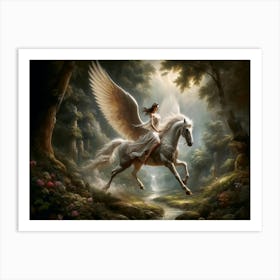 Majestic Beauty, A mythical scene depicting a woman riding a majestic winged horse, known as a Pegasus, across a serene forest creek. Rays of light sift through the trees, illuminating the ethereal pair as they stride through a verdant landscape. classic art  Art Print