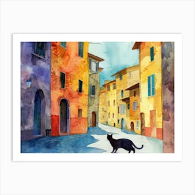 Black Cat In Arezzo, Italy, Street Art Watercolour Painting 2 Art Print