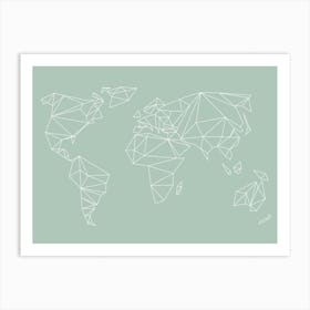 Geometrical World Map   Pastel Sage Green Art Print