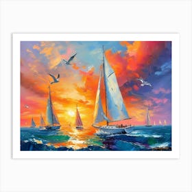 A Vibrant Seascape With Sailboats Art Print