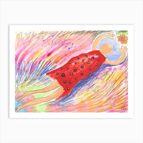 Catching Flower In A Red Dress - contemporary modern living room woman flower Art Print