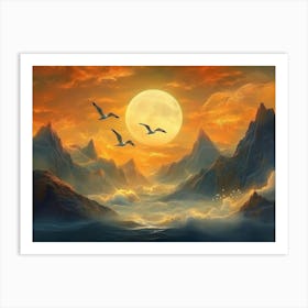 3d Golden Mountain with Birds, Moon, And Clouds Art Print