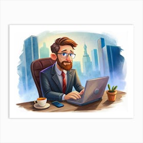 Businessman Working On A Laptop In An Office With A City View Art Print