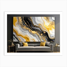 Abstract Art Featuring Liquid Marble Patterns Flowing Together In A Dance Of Grey Black Yellow G (2) Art Print