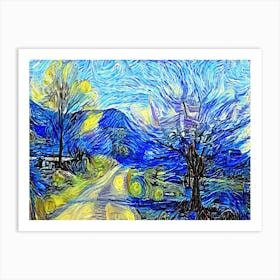 Starry Night Swirl Paint Strokes Road Mountains Art Print