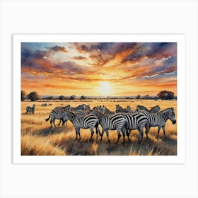 The Timeless Pulse of the Grasslands Zebras At Sunset Art Print