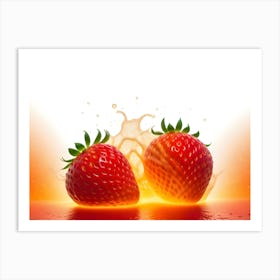 Two Red Strawberries Surrounded By A Splash Of Juice, On An Orange Background Art Print