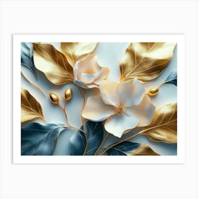 Gold And Blue Magnolia Leaves Art Print