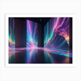 An Empty Room With Three Large Screens Displaying A Colorful, Abstract Image Of A Nebula With Swirling Colors Art Print