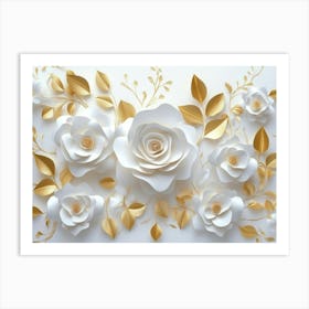 3d White Paper Roses On A White Background, Golden Leaves, An Elegant Floral Pattern Art Print