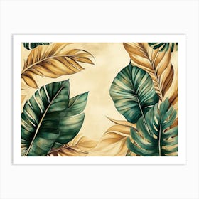 Vintage Tropical Green Brown Leaves, Beige Background, Golden Texture 1 Art Print