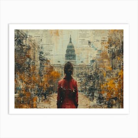 Temporal Resonances: A Conceptual Art Collection. Woman In Red Coat Art Print