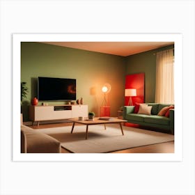 Modern Living Room Interior With Green Walls, A Comfortable Sofa, And A Large Tv Screen Art Print