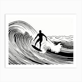 Linocut Black And White Surfer On A Wave art, surfing art, 270 Art Print