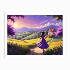 Woman In Purple Dress Walks Along A Path Towards A Cottage Art Print