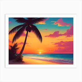 A Tranquil Beach At Sunset Horizontal Illustration 39 Art Print