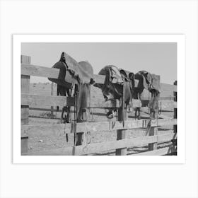 Cowboys Saddles On The Corral Fence, Roundup Near Marfa, Texas By Russell Lee Art Print