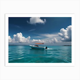 White Boat In Blue Sea Art Print