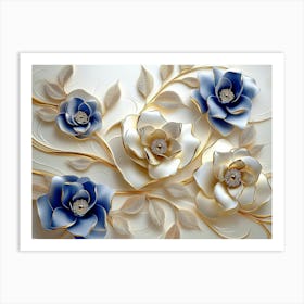 3d Blue And Gold Flowers Art Print