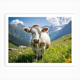 A Closeup On A Pure White Cow Ambling Leisurely In A Verdant Alpine Meadow The Beast Exuding Pure C Art Print