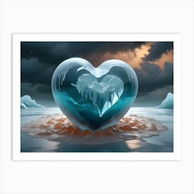 A Blue Heart Shaped Sculpture Made Of Ice With A Smaller Heart Shaped Cavity Inside, Set On A Frosted Terrain With A Dramatic Sky Art Print