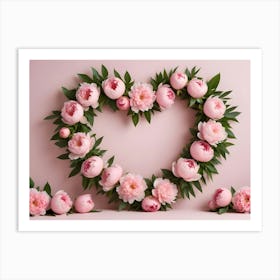 Heart Shaped Arrangement Of Pink Peonies With Green Leaves And Stems On A Soft Pink Background Art Print