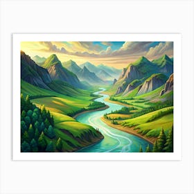 Green Valley With River And Mountains At Sunset 1 Art Print