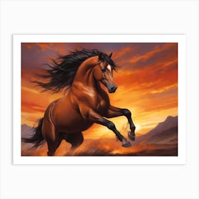 Wild Brown Mustang Running In Sand Near A Mountain Region By A Morning Sunrise - Color Painting Art Print