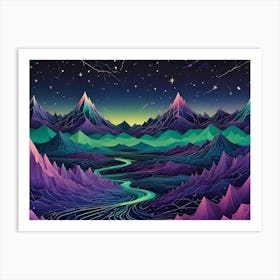 Stylized Landscape With Colorful, Geometric Mountains And A Winding River Flowing Through A Valley Beneath A Starry Sky Art Print