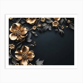 Gold Flowers On Black Background 1 Art Print